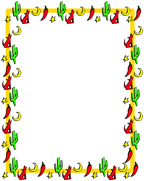 The image shows a note with chili peppers as decoration at its borders on top of what appears to be cacti leaves in front of it against an indistinct background.
