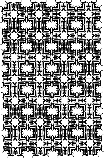 The image shows a black and white pattern with intricate designs that resemble snowflakes arranged within an octagonal frame on what appears to be fabric material.