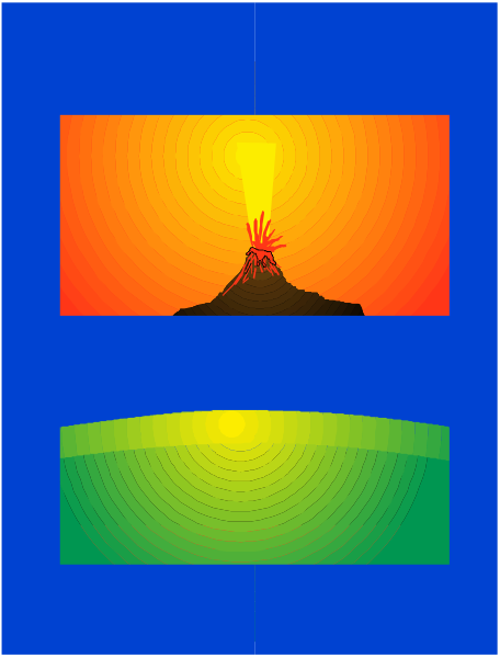 The image shows a sunset with two distinct scenes: on top, there is an orange sky that transitions to blue at the bottom of the frame; in this upper scene, we can see silhouettes of mountains and trees against the brightly colored horizon line. Below it lies another landscape where sunlight casts shadows over what appears to be a body of water or land with greenish hues on its surface. The sun is depicted as an orange circle atop one mountain peak in both scenes, suggesting that these are two different times captured within this single image—one during the day and one after
