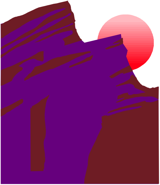 The image shows a purple silhouette of mountains with red sunset rays on either side against an orange sky background.