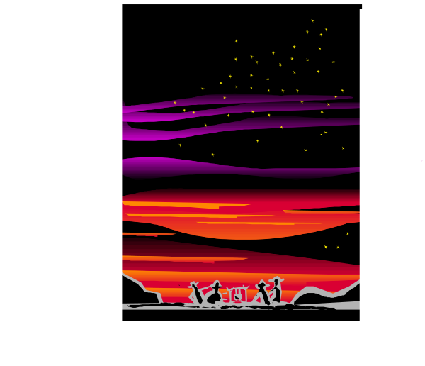 The image shows a night scene with silhouettes of three figures standing on what appears to be an island at sunset; there is no text present in this clip-art illustration.