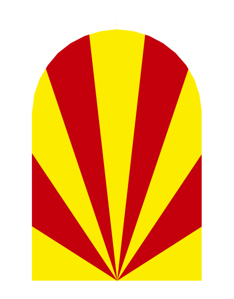 The image shows a stylized graphic of an arched window with red rays emanating from it against a white background on top right corner.