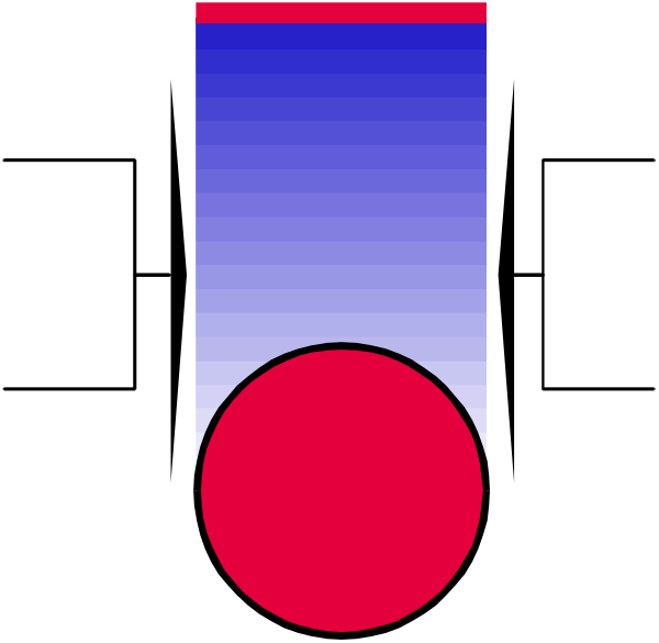 The image shows a simple graphic with two vertical bars of different lengths on either side of an abstract red circle at their center.