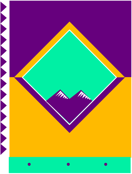The image shows a stylized graphic of an outdoor scene with geometric shapes representing mountains against a purple background on top left corner; there is also a yellow diamond shape in bottom right corner that resembles a mountain peak, and below it appears to be a blue rectangle or square symbolizing water or sky.