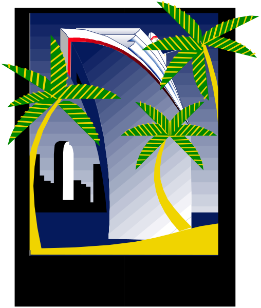 The image shows a stylized graphic of an airport terminal with palm trees on either side against a blue sky background featuring silhouettes of buildings in front of which is a large airplane wing symbolizing flight, and below it appears to be a road leading towards what looks like a cityscape under the title "Airport."