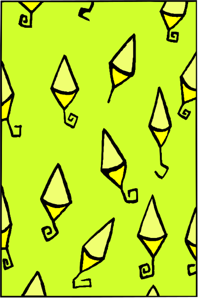 The image shows a pattern of yellow cones with black spirals on them against a gray background.