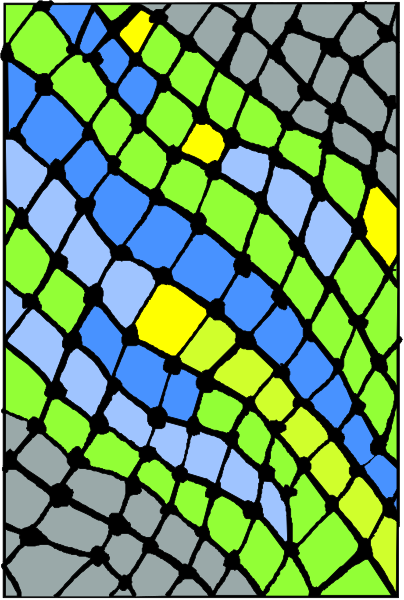 The image shows a close up of an intricate mosaic pattern with various shades of blue, green, yellow, red, black, white, gray, brown, beige, cream colored tiles arranged in geometric shapes to form this decorative piece.