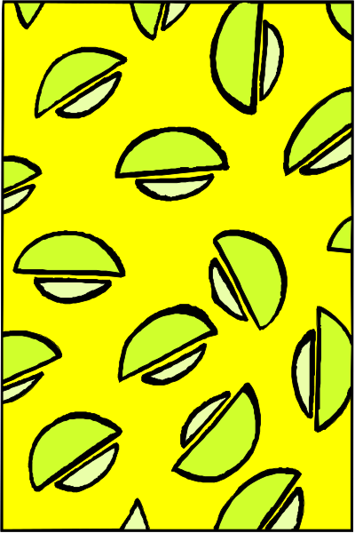 The image shows a pattern of green leaves on yellow background with some white shapes that resemble flowers interspersed throughout it.
