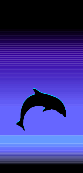 The image shows a dolphin swimming near an underwater blue light with dark surroundings outside of it.