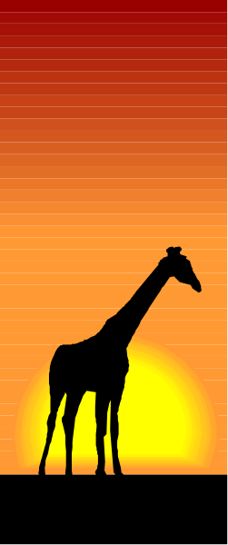 The image shows a giraffe silhouette standing on top of an open book at sunset with its head turned to look out over the horizon where it is dusk.