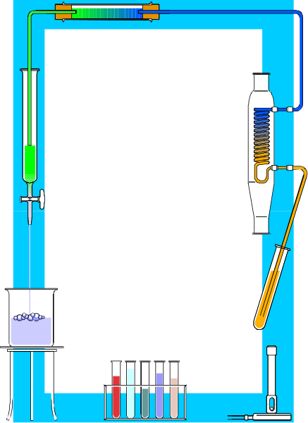 The image shows a cartoon representation of an open laboratory with various scientific equipment such as test tubes on shelves, beakers filled with liquids, microscopes, and other lab tools in front of it all; there is no text present within this small clip-art illustration.