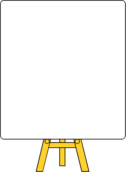 The image shows a blank whiteboard with an easel on top of it placed against a black background inside what appears to be a room at nighttime.