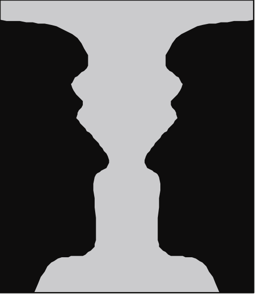 The black and white silhouette of two profiles facing each other with a thin vertical line dividing them from top to bottom in between their heads.
