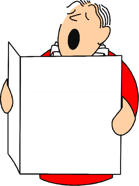 The cartoon shows a man holding up an empty piece of paper with his mouth open as if he's speaking to someone off-camera; there is no text on it. He appears surprised or confused by something, and in the background, another figure seems to be looking at him from behind.