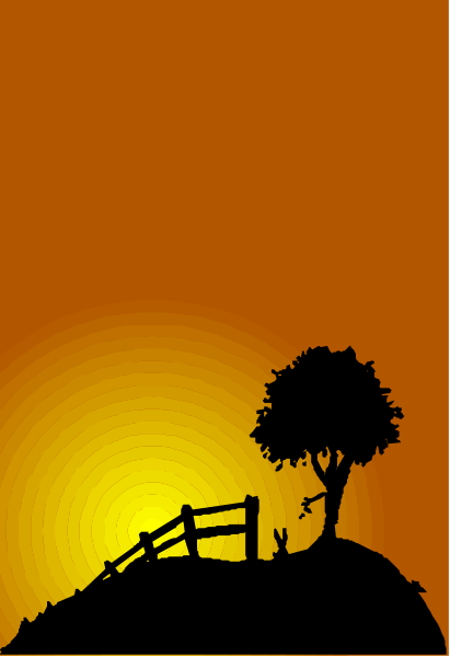The image shows a silhouette of an orange sunset with trees on either side at its base; there is no text present in this clip-art illustration.