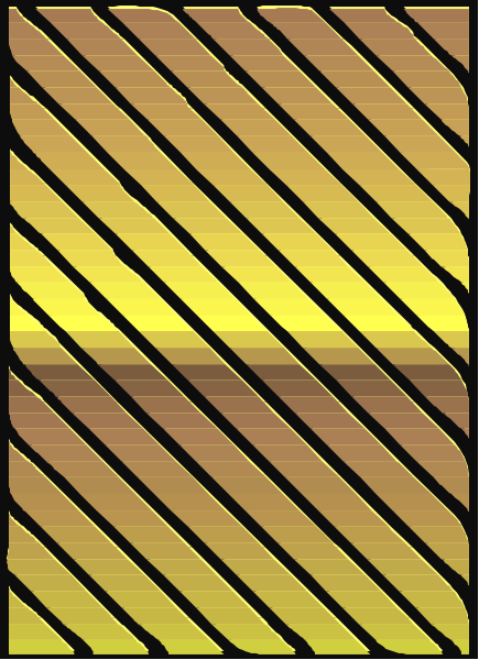 The image shows a stylized representation of an abstract landscape with horizontal stripes that resemble layers of earthy tones against a darker background on top left corner.