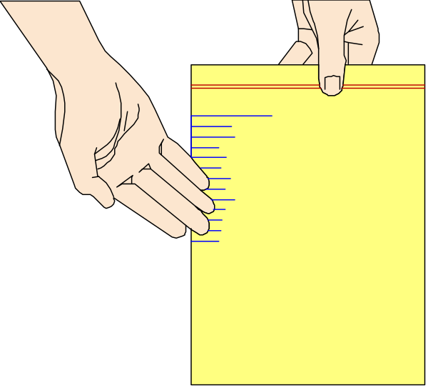 The image shows a hand holding up an open yellow envelope with some text on it against a black background.