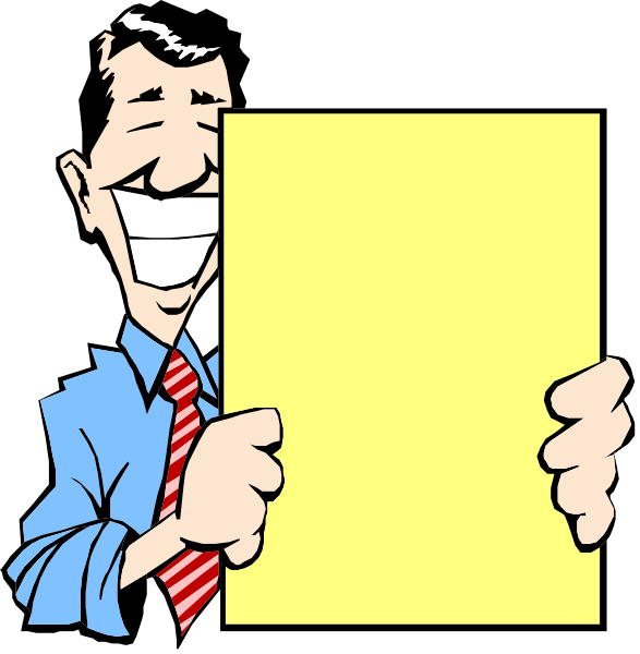 The image shows a man holding up two yellow signs with black borders; he is smiling broadly while doing so.