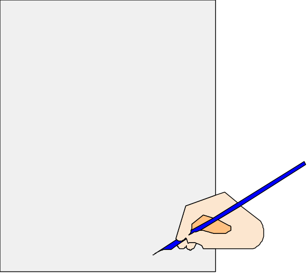 The image shows a person's hand holding an ink pen over paper with blue lines drawn on it; there is no text in this clip-art illustration.