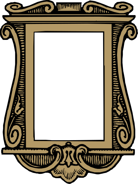The image shows a stylized illustration of an oval frame with intricate details around it on what appears to be a black background; inside this frame is blank space where one would expect artwork or text, and there's no visible content within that area.
