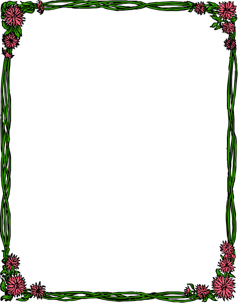 The image shows a blank white card with green borders inside an elaborate frame featuring floral designs on both sides; it is set against a pink background that has additional decorative elements like flowers at each corner of the border and leaves along its edges, all within what appears to be a stylized paper or book cover.