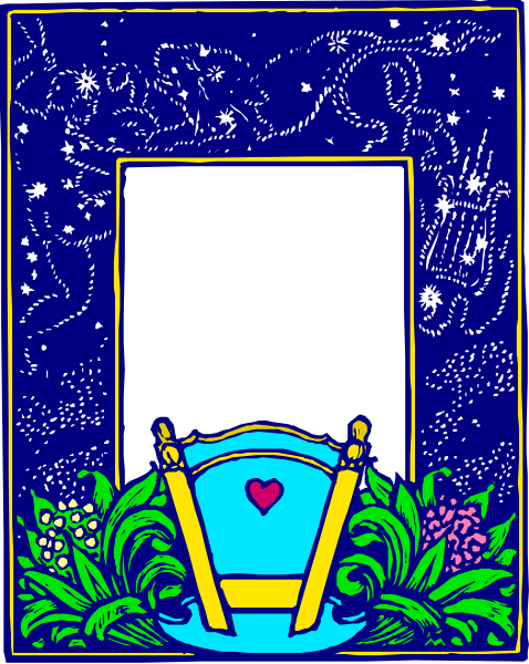The image shows a blue card with an illustration of stars above it on top left corner. In center right is a white blank space where text can be written. Below this area there's a small floral design and at bottom, two cartoon-like characters appear to be holding hands; one character has long hair while the other appears bald or with very short hair. The background features an array of stars in various sizes against a dark blue sky backdrop.