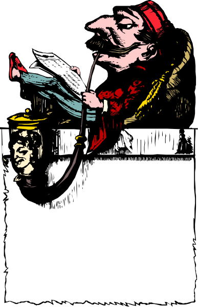 The image shows a black and white illustration of an old man with glasses holding up his hat to reveal he has no hair on top; in front of him is another figure that appears to be blowing smoke into his face, which seems to cause distress as indicated by facial expressions.