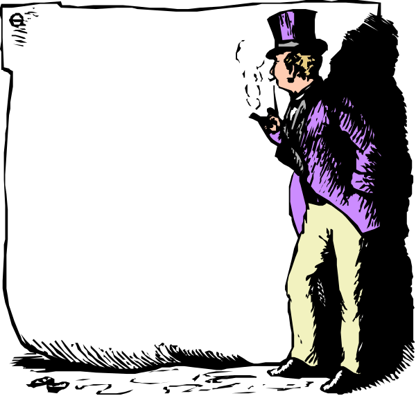The cartoon shows a man dressed as Sherlock Holmes standing next to an empty frame with his back turned towards it while he smokes from a pipe in hand; behind him is another figure who appears to be smoking and looking at something off-frame, both figures stand on what looks like stage lighting.