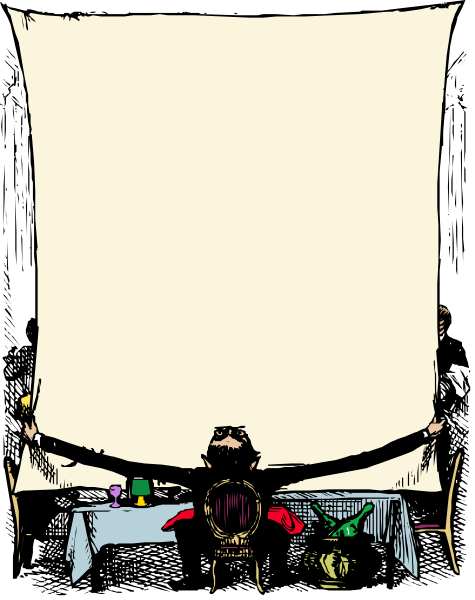 The image shows a scene with an open scroll on display atop a table covered by a white cloth; two figures stand behind it: one is seated in front of another figure who appears to be holding up the bottom edge of the scroll, suggesting that something important or significant might have been revealed from beneath.