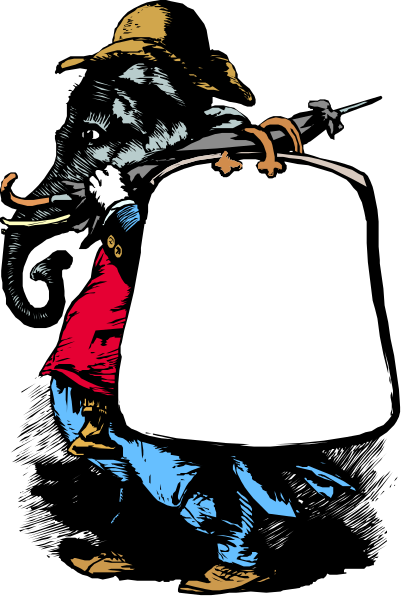 The image shows a cartoon of an elephant carrying a large white bag on its back while walking down what appears to be a street with buildings in the background.