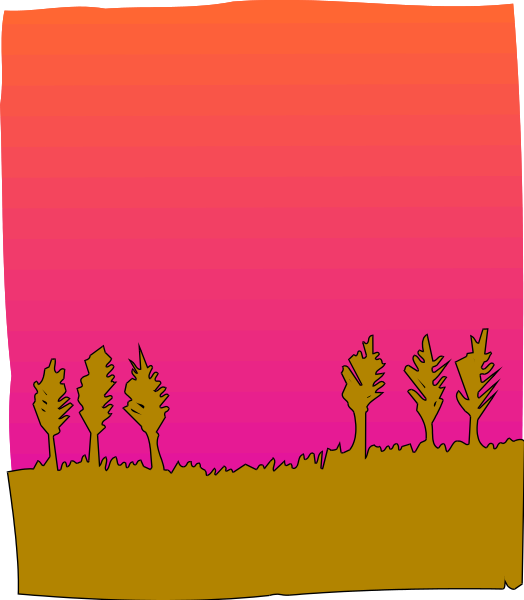 The image shows a sunset with silhouettes of trees against an orange sky on what appears to be a beach scene at dusk.