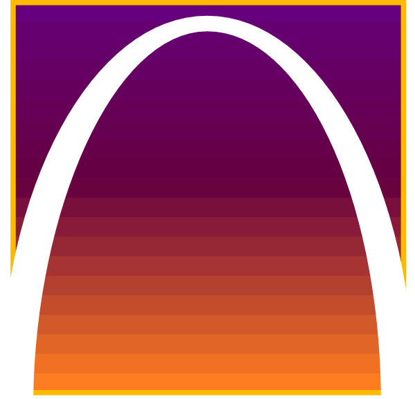 The image shows a stylized graphic of an arch with two lines converging at its top to form what appears to be a simplified representation of St Louis' Gateway Arch in purple against a gradient background that transitions from orange on one side, through yellow and green, ending in blue on the other.