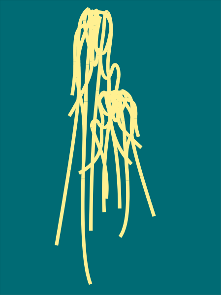 The image shows a simple line drawing of an abstract figure with long hair standing against a blue background on what appears to be a gray surface.