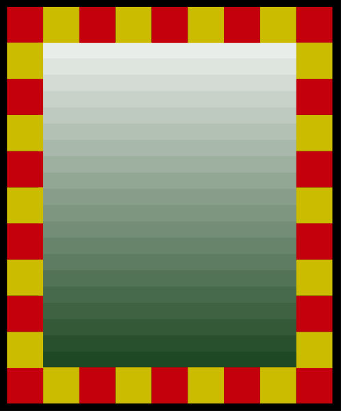 The image shows a stylized window with red borders inside an abstract frame that has yellow squares on its corners against a gray background.