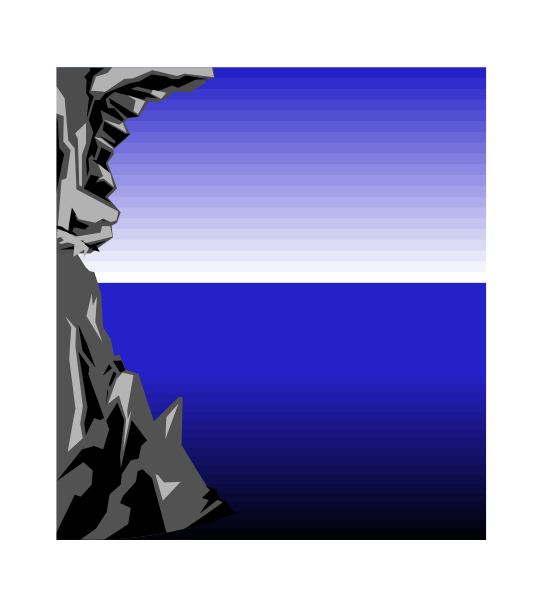 The image shows a pixelated representation of an ocean scene with blue water under a sky gradient from light to darker shades of gray-blue at sunset or dawn. A large rock formation is visible on both sides, and there's a small figure standing in front of it looking out towards the horizon where the sea meets the sky. The image has pixelated art style with limited color palette consisting mainly of blue for water, darker shades of gray-blue for the sky gradient, white or light grey for clouds if any, and black for rocks.