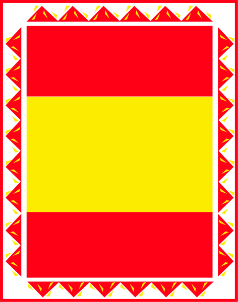 The flag of Spain with a red border around it on top of an envelope design is shown here.
