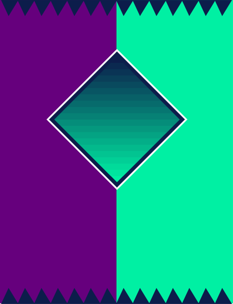 The image shows a stylized graphic with geometric shapes resembling an abstract design on what appears to be a purple background at one end of a horizontal strip that transitions through blue-green hues towards teal and then back into shades of green, all within a darker border framing the entire composition.