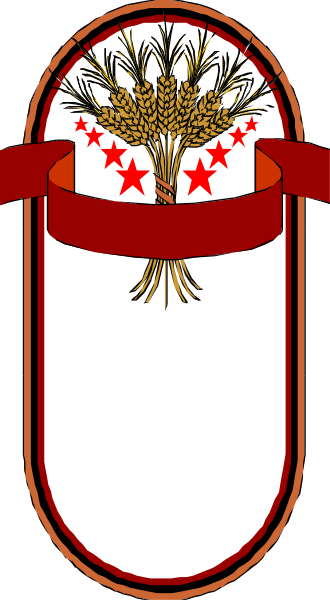 The image shows a shield with an emblem of wheat on top left corner inside it; there is also a red ribbon across the bottom part of the shield that has gold fringe at each end.