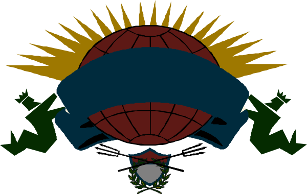 The image shows a stylized graphic with an emblem that includes what appears to be a shield divided into four sections: one blue section at top left featuring stars; another red quadrant in upper right corner, which is partially obscured by text and graphics of leaves or plants; the bottom half on both sides has intricate patterns resembling stylized feathers with green accents. In front of this shield-like emblem stands a cartoonish character that looks like an anthropomorphic turtle wearing sunglasses, holding what seems to be a flagpole or