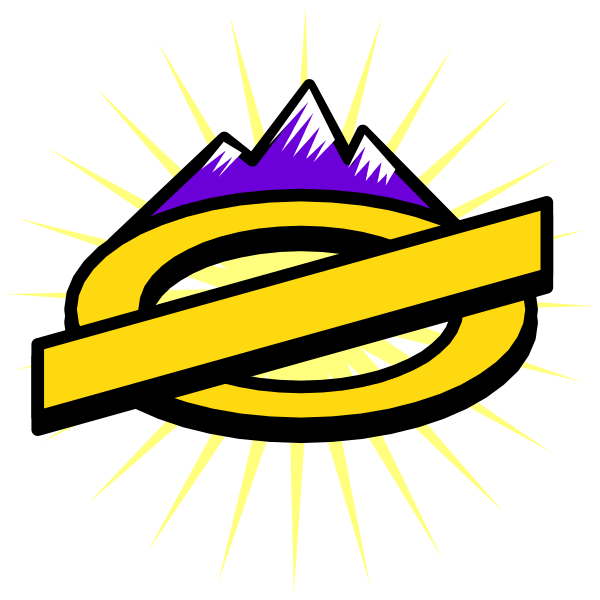 The logo features a stylized mountain with snow on top inside an oval frame that is outlined by two lines forming a circle around it; above this emblematic design there's a sunburst effect, and below it appears to be some sort of symbol or marking resembling the letter "S" in yellow.