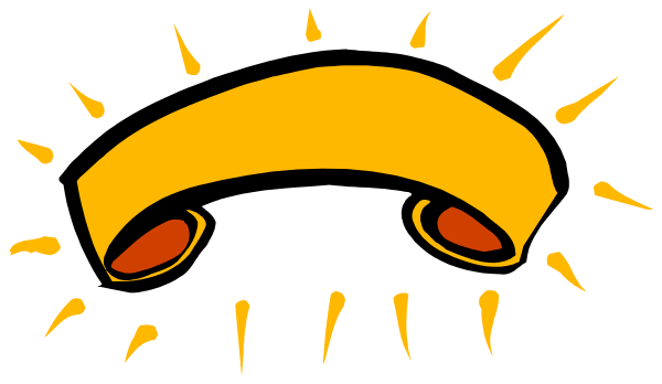 The image shows a stylized graphic of an orange sun with rays emanating from it behind what appears to be a yellow telephone receiver on top of which there is a small explosion-like design in red and white, suggesting energy or sound waves; below this symbolic representation are two black dots that could represent eyes.