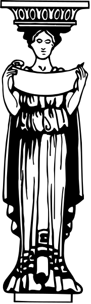 The image shows a black and white illustration of an ancient Greek statue with draped clothing standing on pedestal against a backdrop that resembles classical architecture.