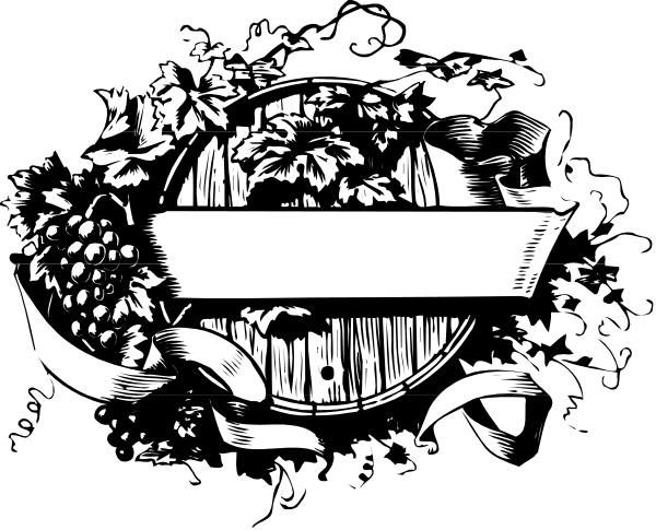 The black and white image features a logo with various elements such as leaves, fruits like bananas and apples, pineapples, and possibly other botanical items arranged around what appears to be an emblem in the center of two circles connected by lines.