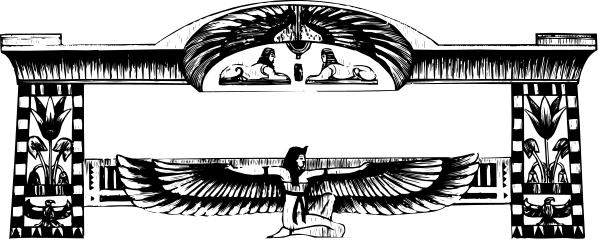 The image shows a black and white illustration of an eagle with wings spread wide above what appears to be a building facade featuring columns and decorative elements; there is no text present in this clip-art piece.