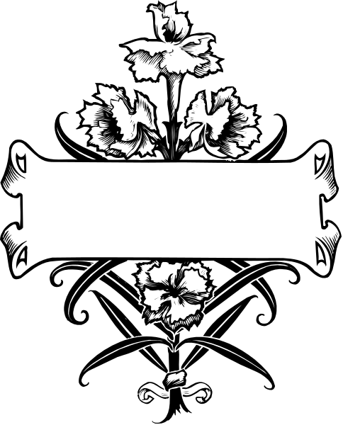 The black and white illustration features a decorative border with floral patterns on either side of an empty space where text is expected to be placed in between two lines that resemble musical notes.
