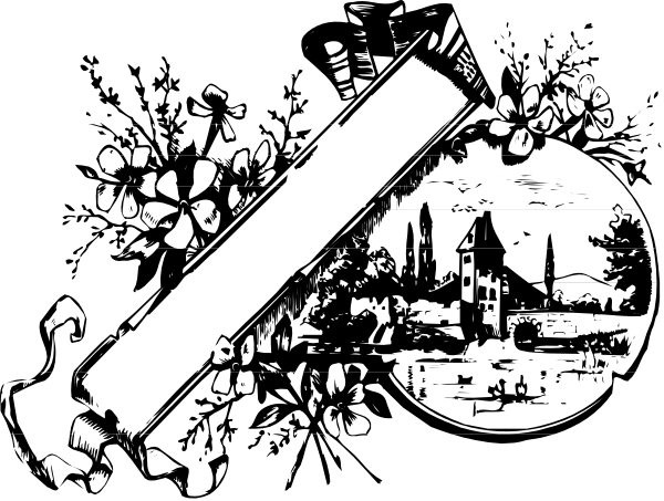 The black and white illustration features a stylized depiction of an old book with its pages open to reveal intricate designs inside; above it is a small floral arrangement in shades of gray that resembles flowers, leaves, and possibly some berries or fruits.