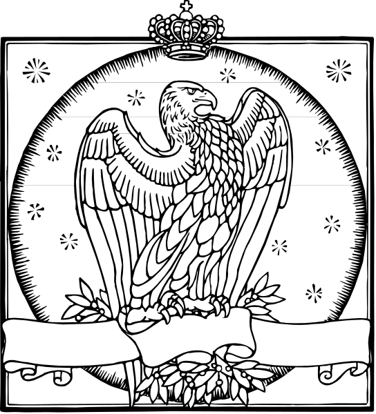 The black and white illustration features a coat of arms with an eagle on top holding arrows, flanked by two laurel branches; below it is a shield divided into four quarters: in one quarter there's a castle, another has waves crashing against rocks, the third shows three crowns stacked vertically and the fourth displays what appears to be a sun with rays emanating from its center. The eagle holds an olive branch on top of his head; below him is a banner that reads "EAGLE" in capital letters.