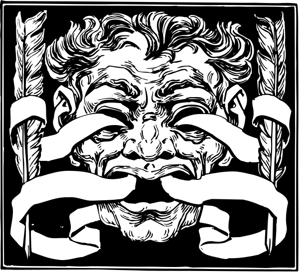 The black and white illustration shows a man with his mouth open wide as if screaming, surrounded by various elements that seem to be part of an ancient temple-like structure; there is also another image within this one depicting two men in masks facing each other across what appears to be the same scene.