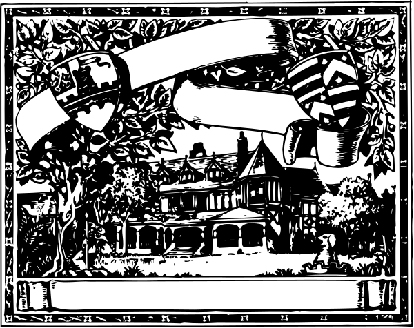 The black and white illustration depicts a scene with two houses on either side of an open book that is being held by hands in front of them; there's also a tree between these buildings.