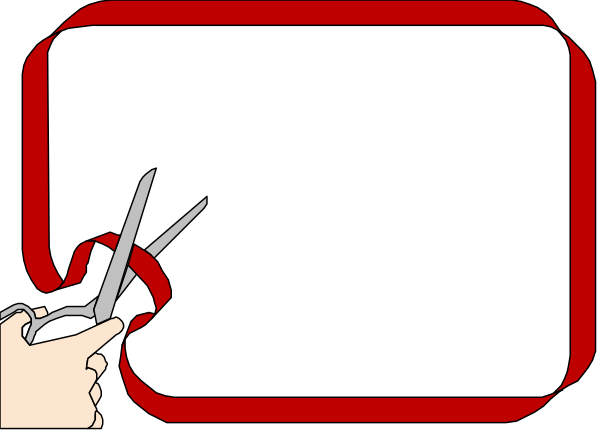 The image shows a pair of scissors cutting through red tape on top of what appears to be an envelope with no visible contents inside it.